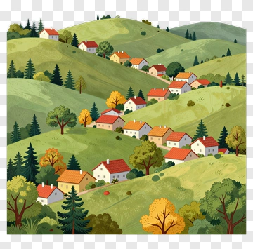 Countryside Village With Rolling Hills And Trees PNG
