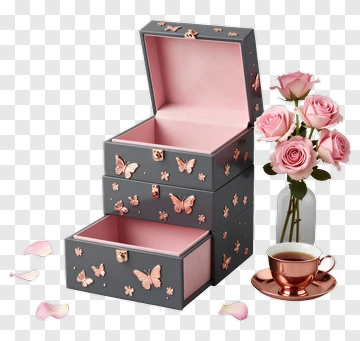 Decorative Storage Boxes With Pink Roses And Tea Cup PNG