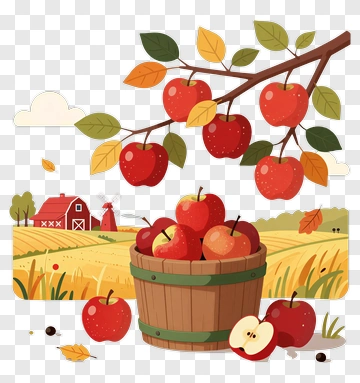 Basket Of Red Apples With Orchard Background PNG