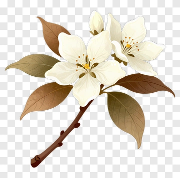 White Flower Branch With Leaves PNG