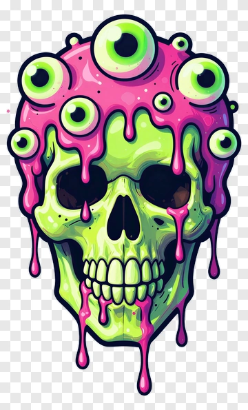 Cartoon Skull With Colorful Eyeballs And Dripping Slime PNG