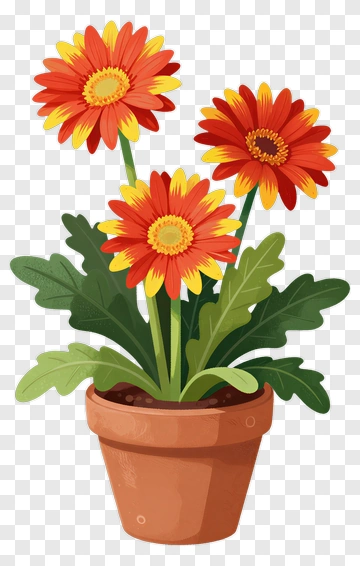 Colorful Flower Pot With Orange Gerbera Daisies PNG