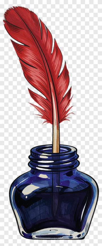 Ink Bottle With Red Feather Quill PNG