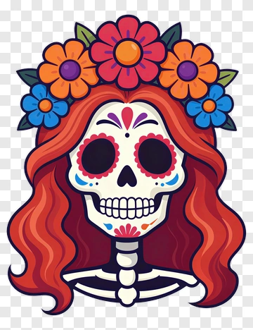 Colorful Skull With Floral Crown PNG