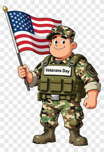Cartoon Soldier Holding An American Flag For Veterans Day PNG