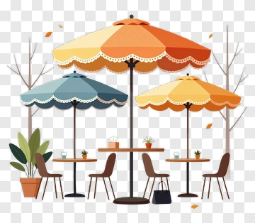 Outdoor Cafe With Colorful Umbrellas PNG