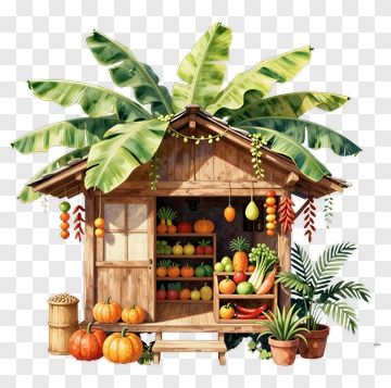 Fruit Stand Surrounded By Tropical Plants PNG