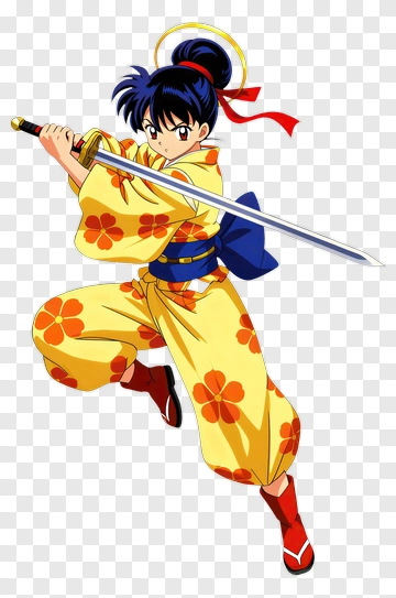 Anime Girl In Colorful Kimono Holding A Sword PNG