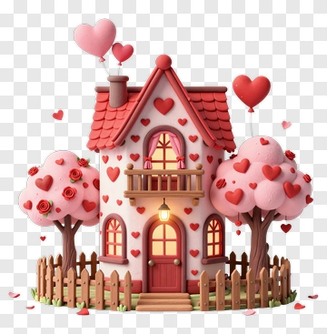 Colorful House With Heart Balloons And Trees PNG
