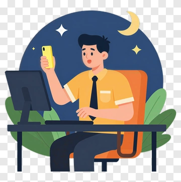 Cartoon Man Using A Smartphone At A Desk PNG