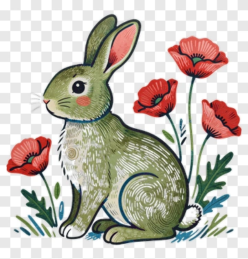 Cartoon Rabbit Sitting Among Red Poppies PNG