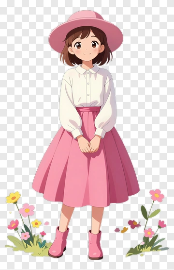 Cartoon Girl In Pink Dress And Hat PNG