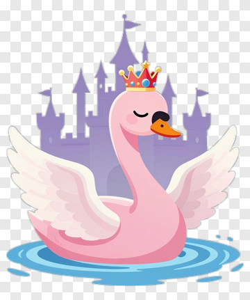 Cartoon Pink Swan With Crown In A Castle Background PNG