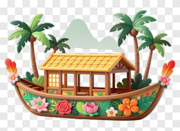 Colorful Boat With Tropical Plants PNG
