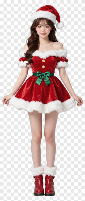 Christmas Themed Outfit With Red Dress And Santa Hat PNG