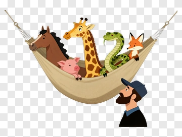 Man With Cartoon Animals In A Hammock PNG