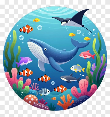 Cartoon Whale Swimming In A Colorful Underwater Scene PNG