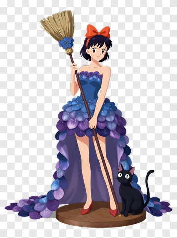 Cartoon Witch Holding A Broom With A Black Cat PNG