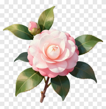 Pink Camellia Flower With Green Leaves PNG