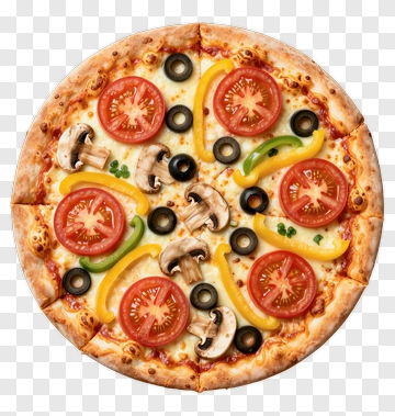 Vegetable Pizza With Tomato, Mushroom, Bell Pepper, And Olive Toppings PNG