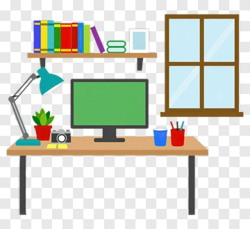Colorful Desk With Computer And Bookshelf PNG
