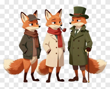 Cartoon Foxes In Detective Outfits PNG