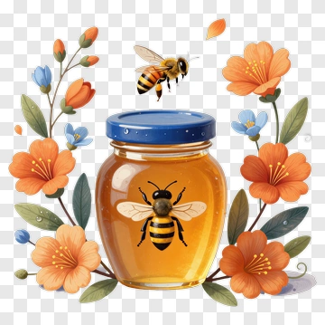 Honey Jar With Bees And Flowers PNG