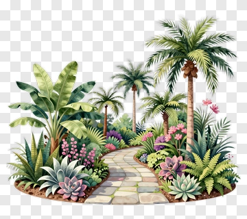 Tropical Garden Pathway With Succulents And Palm Trees PNG