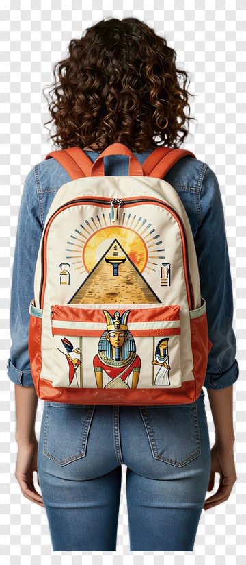 Backpack With Egyptian Hieroglyphs And Pyramid Design PNG