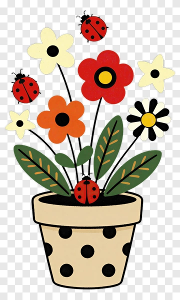 Colorful Flower Pot With Ladybugs PNG