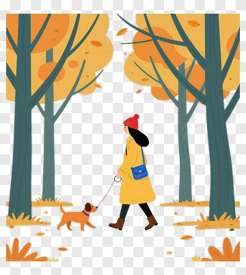 Woman Walking A Dog In Autumn Forest PNG