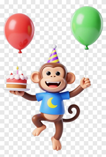 Cartoon Monkey Holding A Birthday Cake And Balloons PNG
