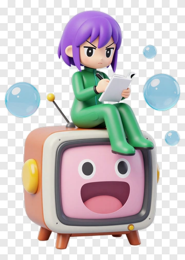 3D Girl Sitting On A Cartoon Television PNG