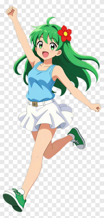 Happy Girl Running With Green Hair PNG