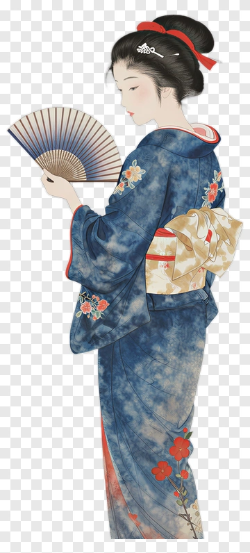 Woman In Kimono Holding A Fan PNG
