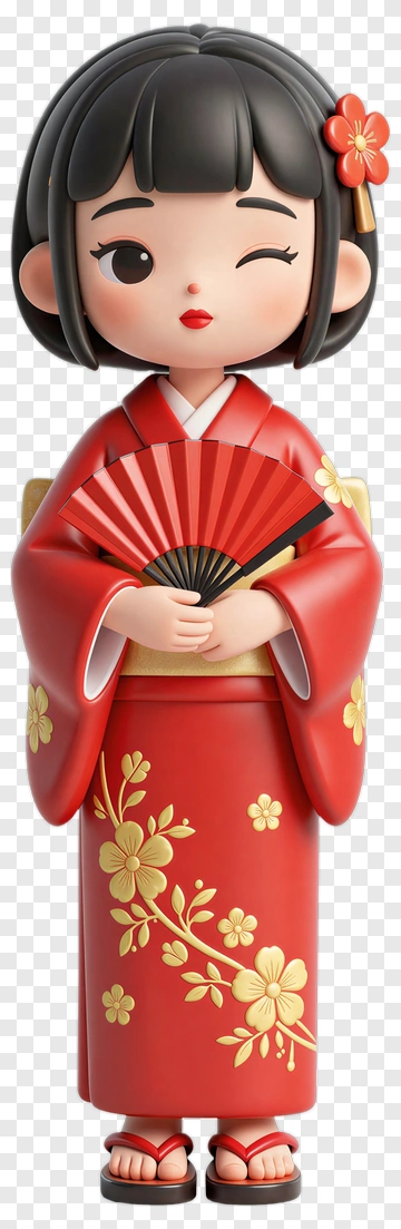 3D Girl In Red Kimono Holding A Fan PNG