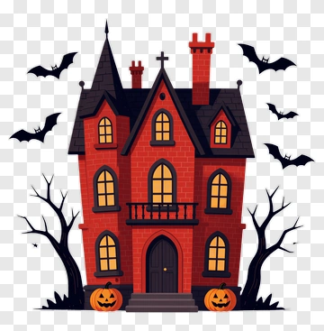 Halloween Haunted House With Bats And Pumpkins PNG
