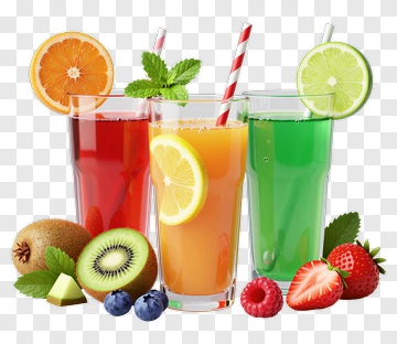 Colorful Fruit Juices With Fresh Fruits PNG