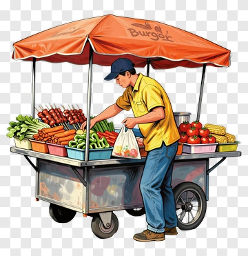 Street Vendor Selling Fresh Vegetables And Snacks PNG