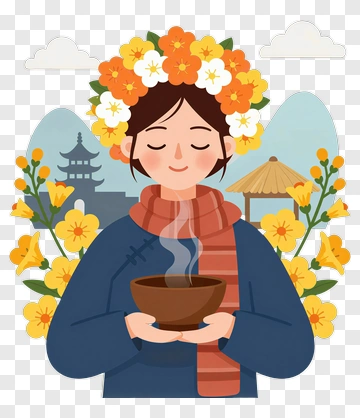 Woman Holding A Bowl Of Tea With Floral Crown PNG