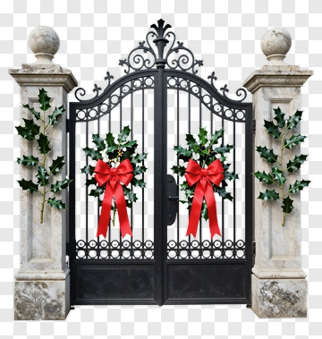 Decorative Christmas Gate With Wreaths And Bows PNG