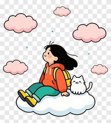 Girl Sitting On A Cloud With A Cat PNG