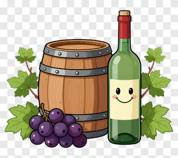 Cartoon Wine Bottle And Barrel With Grapes PNG