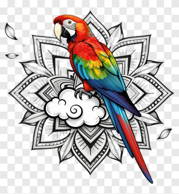 Colorful Parrot On A Cloud With Mandala Background PNG