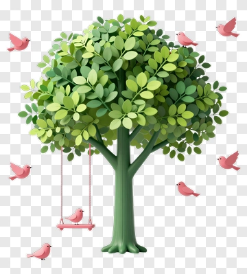 Colorful Tree With Swing And Pink Birds PNG