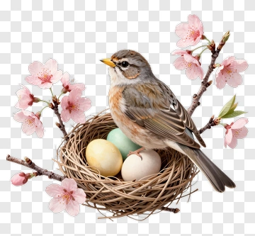 Bird Sitting In A Nest With Eggs And Cherry Blossoms PNG