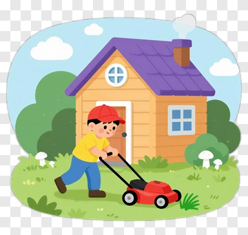 Child Mowing The Lawn In Front Of A House PNG