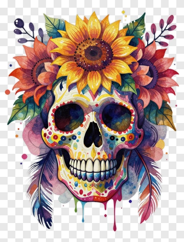 Colorful Skull With Sunflowers And Feathers PNG