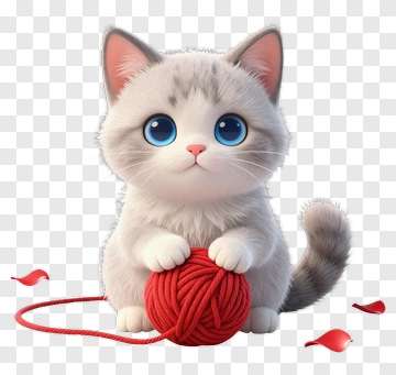 Cute Cat Playing With A Red Yarn Ball PNG