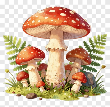 Colorful Mushroom Cluster In A Forest Setting PNG